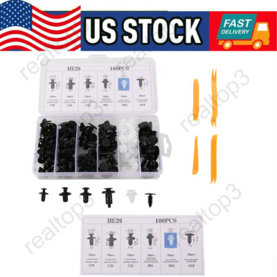 100pc + 4Tool Bumper Clips Auto Car Hole Plastic Rivets Fastener Fender Push Pin