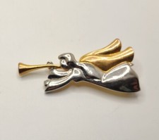Vintage Flying Angel Blowing Horn Silver & Goldtone Pin Brooch 1.25" x 2.5"