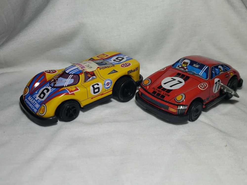 Vintage Tin Toy Cars Porsche 917 & 911 Wind Up Sanko Japan MTU Korea