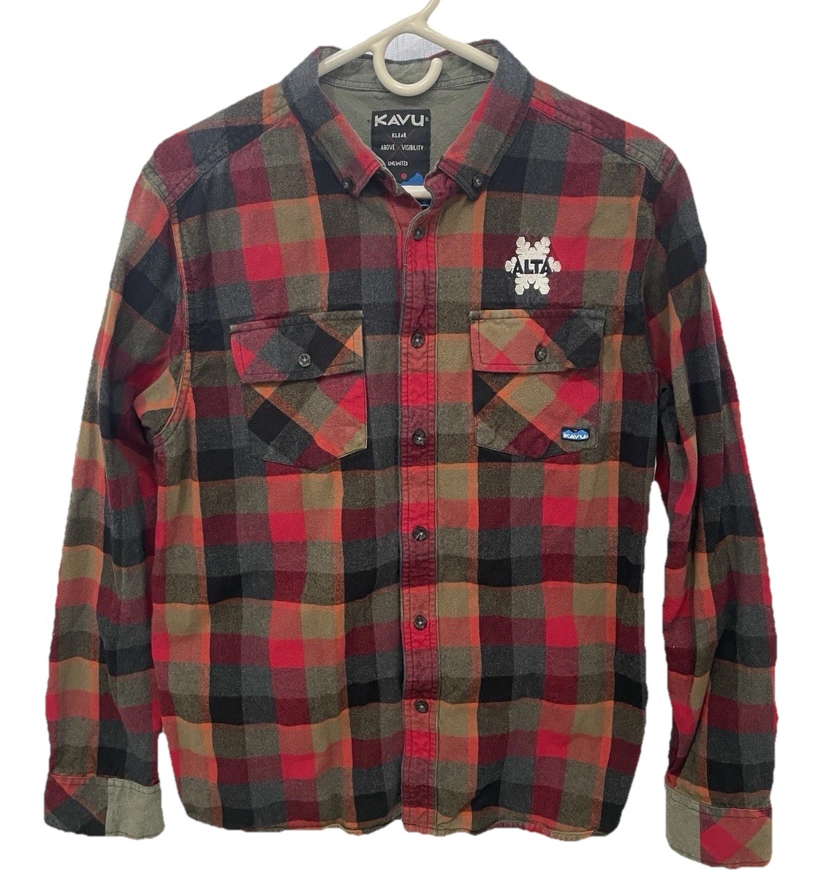 KAVU Alta Flannel Shirt Men M Red Black Plaid Cotton Button Down Outdoor