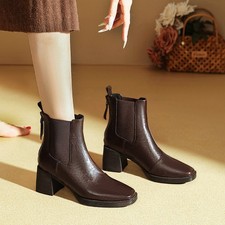 Women's Square Toe Short Boots Zipper Chunky Heel Pumps High Heels Booties Shoes