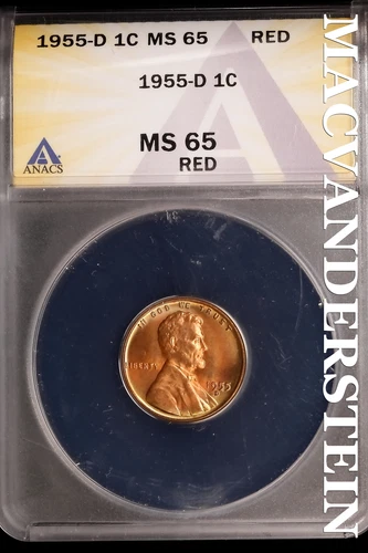 1955-D Lincoln Wheat Cent-ANACS MS 65 RED Choice Gem BU No Reserve #SLK1036