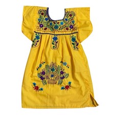 Girls Yellow Hand Embroidered Peasant Folk Traditional Mexican Dress; Size 2