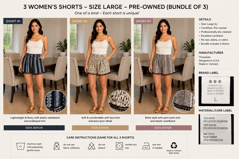 Women’s Boho Shorts Bundle of 3 2 Large + 1 Medium Smocked Waist Beach Summer