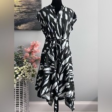 DKNY Women's Printed Tie-Waist Asymmetrical-Hem Linen Dress Size 8