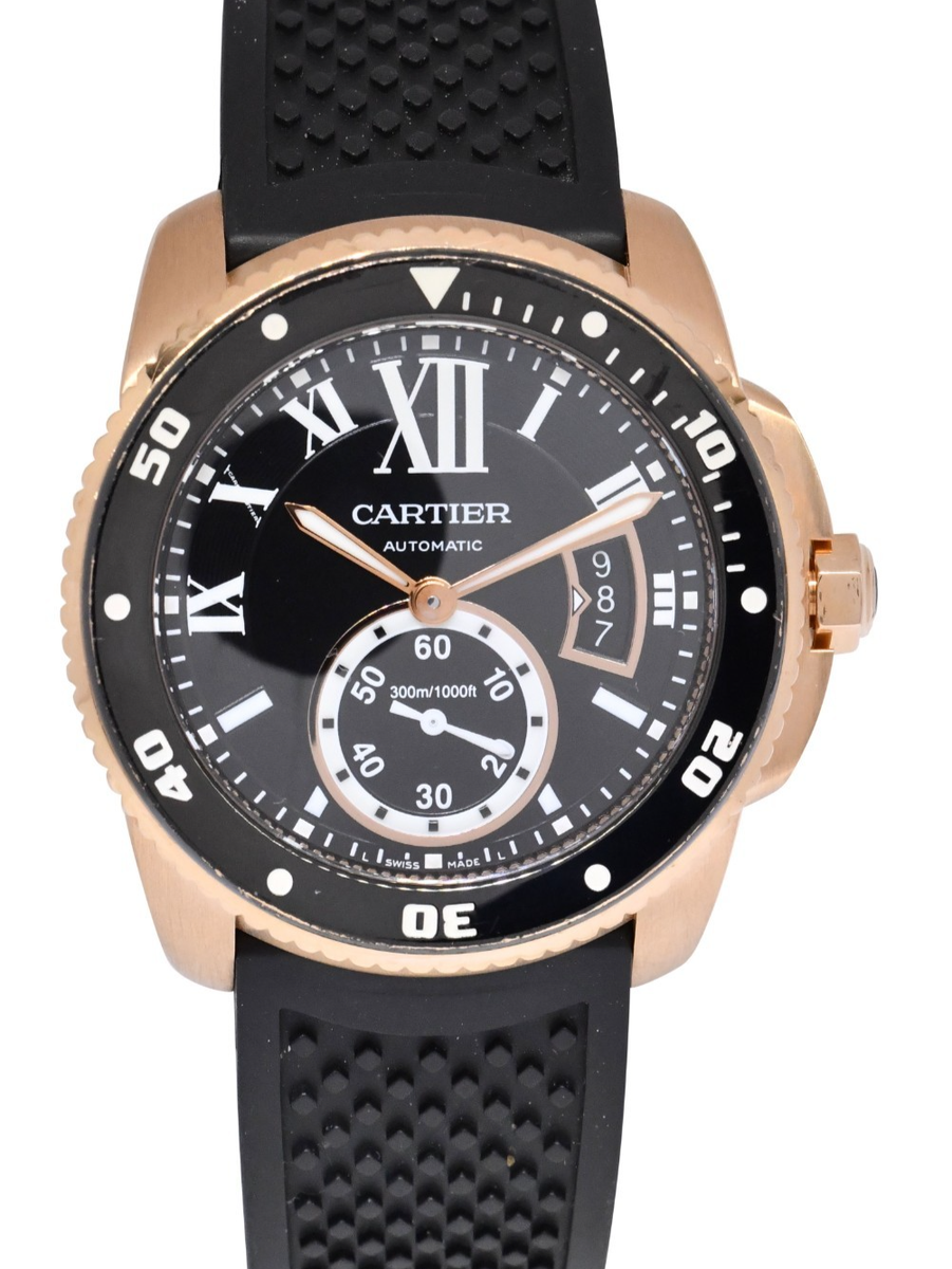 Cartier Calibre 18k Rose Gold Black Mens 42mm Diver Watch B/P '19