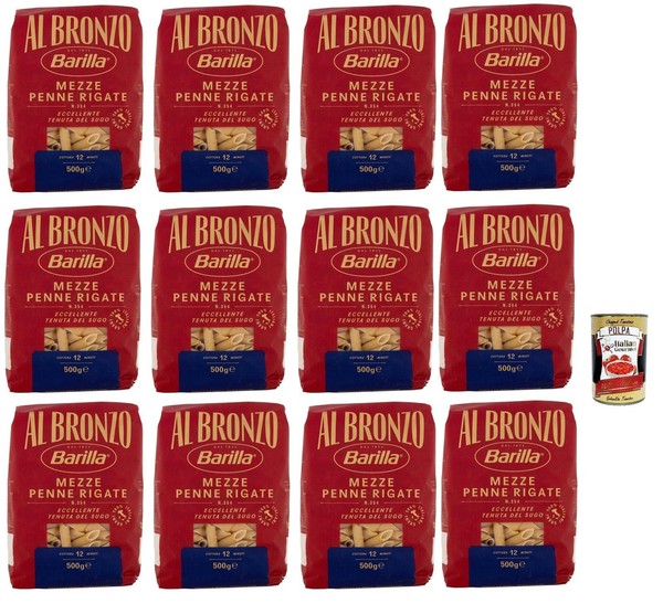 Barilla Al Bronzo Mezze Penne 12X500G Rau Bronzgezogen Pasta +Polpa-image