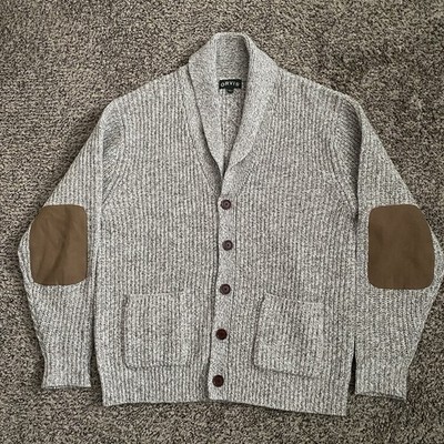 Orvis Wool Cardigan Men s L Beige Brown Elbow Patch Shawl Collar Fisherman