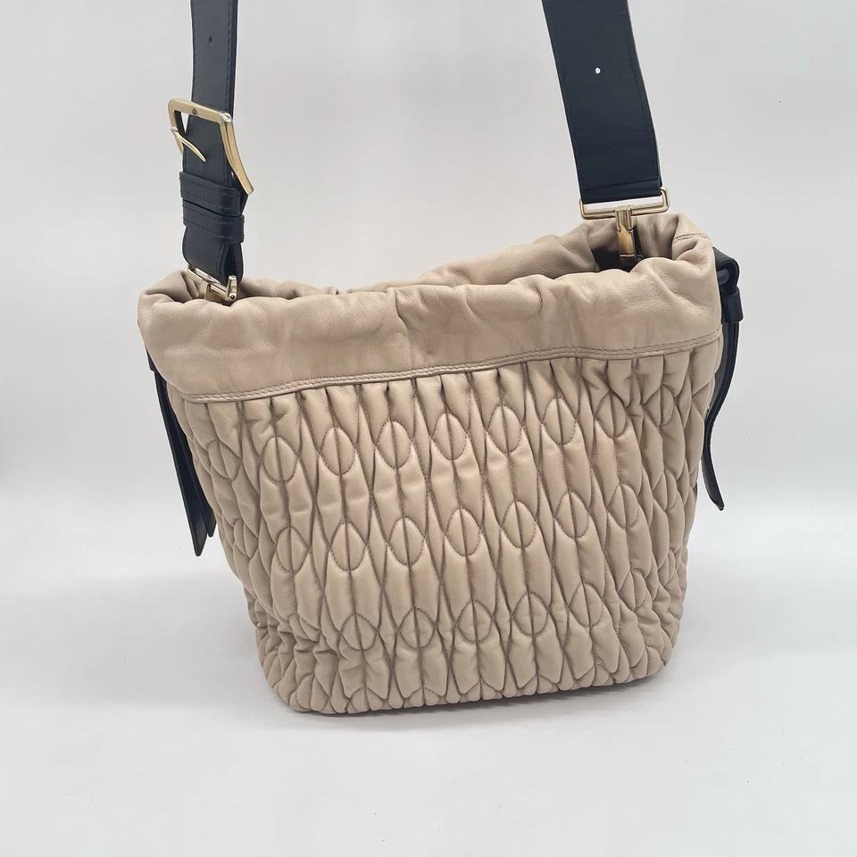 Furla Caos Quilted Leather Bucket Bag Beige Drawstring Shoulder Crossbody - Image 3 of 4