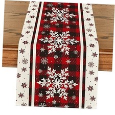 Buffalo Plaid Snowflakes Christmas Table Runner, 13" x 72", Table Runner Red