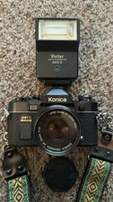 Konica FP-1 Program Black 35mm SLR Film Camera Hexanon Lens Vivitar 2600-D Flash