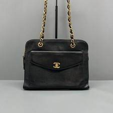 Chanel Vintage Caviar Leather Tote Bag Black Gold CC Turnlock Chain Shoulder Bag
