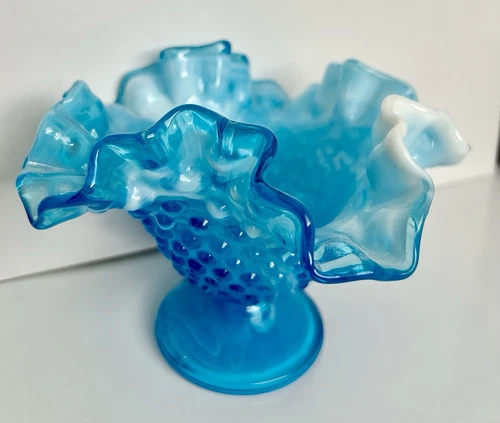 Fenton Blue / White Swirl Hobnail Ruffled Fluted Mini Trumpet Vase - Vintage