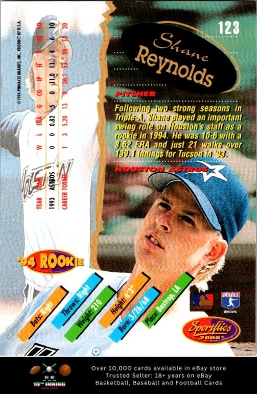1994 Sportflics 2000 Rookie & Traded BASEBALL #123 Shane Reynolds - Image 2 of 2