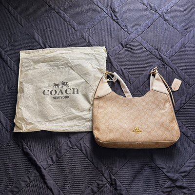 Coach Signature Logo Beige/Brown Zip Shoulder Bag Purse w/ Dust Bag