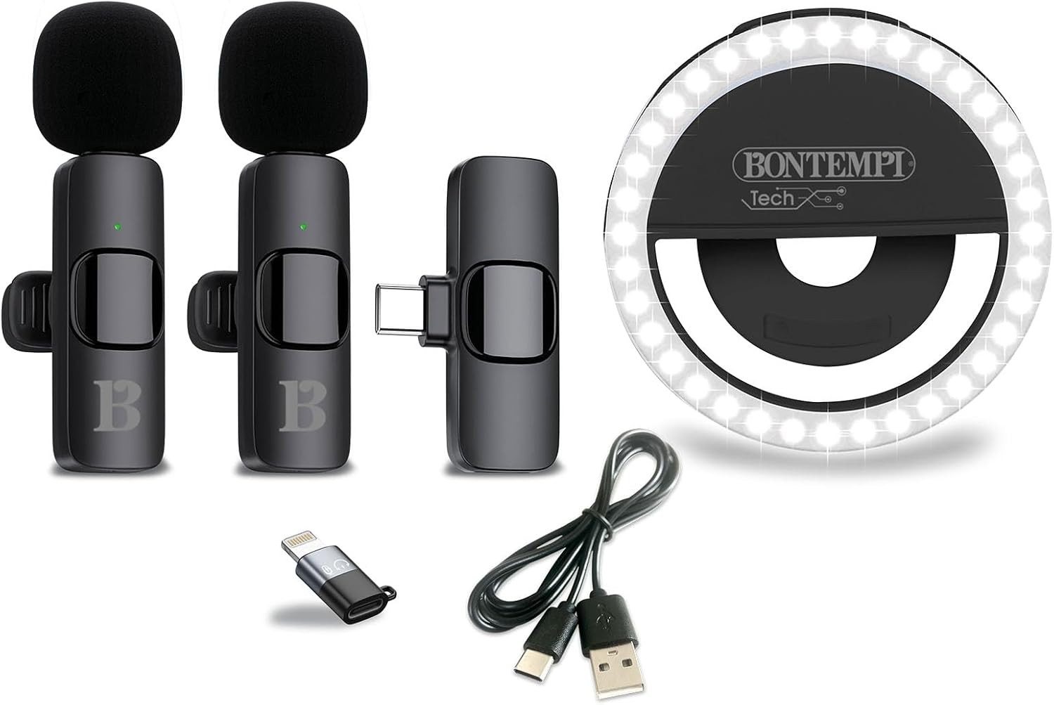 | 2 Microfoni Wireless Lavalier Con Ring Light, Compatibile Con Smartphone, Tabl