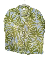 Sigrid Olsen Linen Button Up Shirt Green Blue Leaf Print M Tropical Vacation