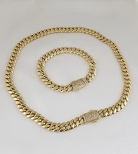 Women Men 14K Gold Plated Cz Cuban Choker Chain Necklace And Bracelet Set 