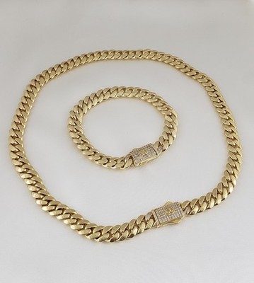 Women Men 14K Gold Plated Cz Cuban Choker Chain Necklace And Bracelet Set 