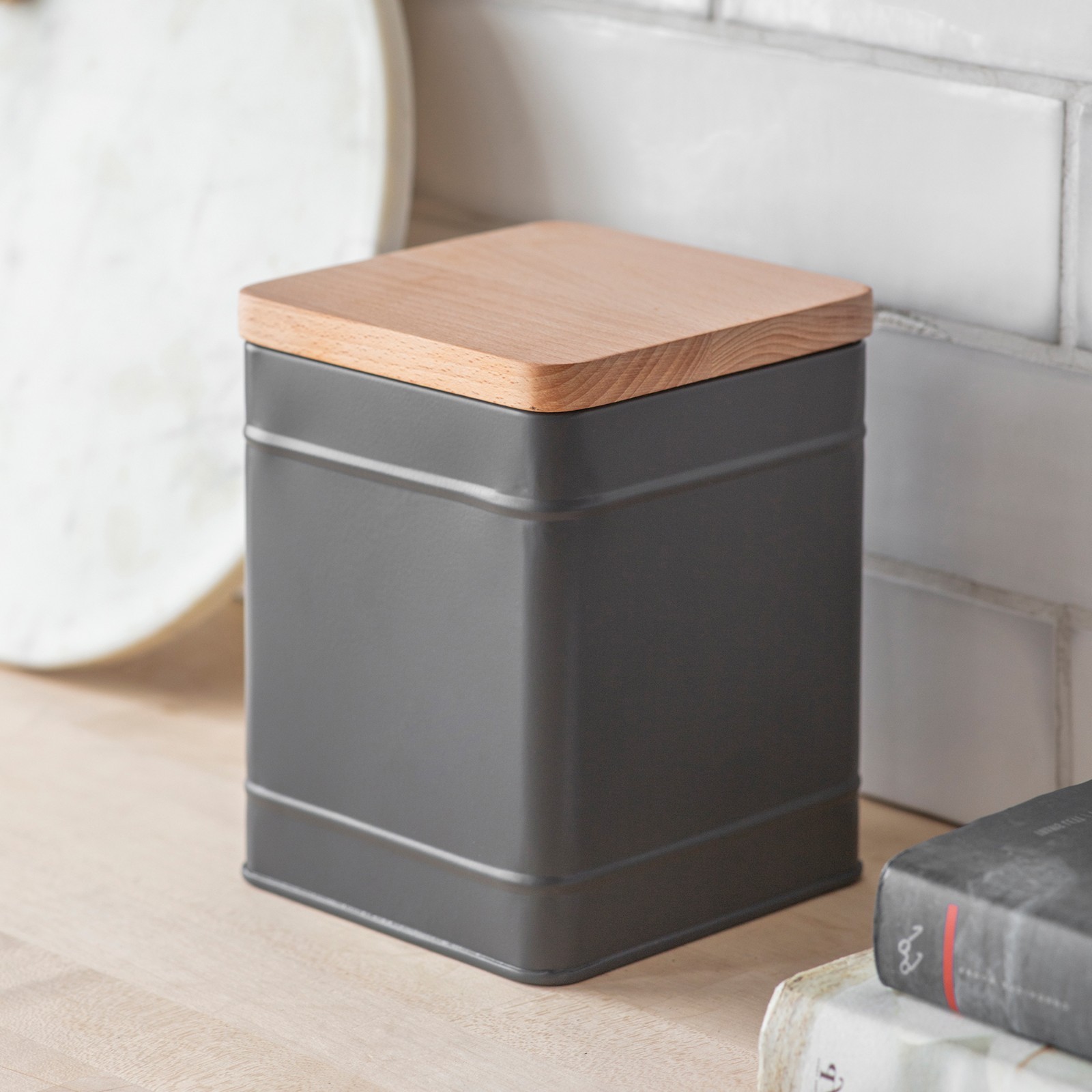 Biscuit & Kitchen Storage Canister, Tin -  Charcoal Grey with Wooden Lid