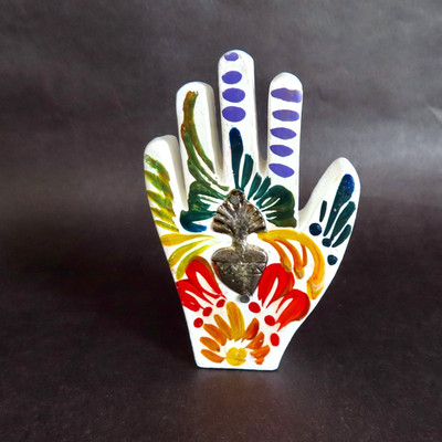 Milagro Hand Wood Painted Flowers Sacred Heart Milagro Handmade Mexican Folk Art