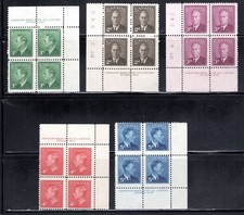 Canada Stamp Scott #284-288, 1c - 5c King George VI, Plate Blocks, MLH SCV$11.00