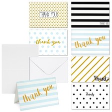 144 Pack Thank You Cards with Envelopes Polka Dots Stripes Assorted Designs