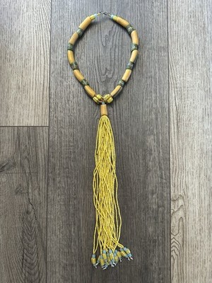 African Beaded Tassel Necklace Handmade In Ghana Yellow, Green & Blue Beads 18 
