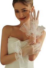 Women's Short Mesh Gloves Ruffled Tulle Tea Party Gloves for Formal Costume Even