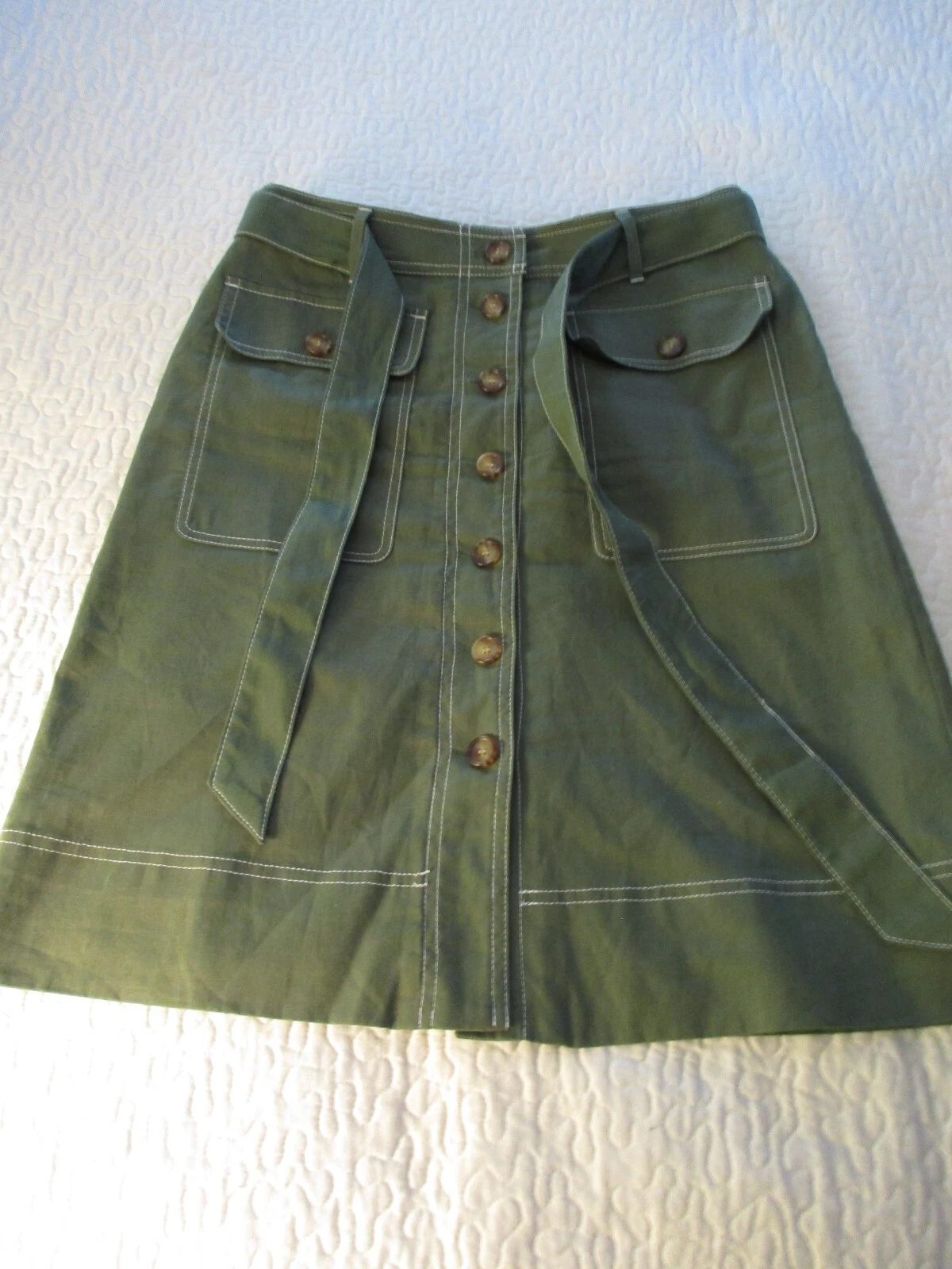 J.Crew Green Linen Blend Button & Belted Midi Skirt Women's Size 4