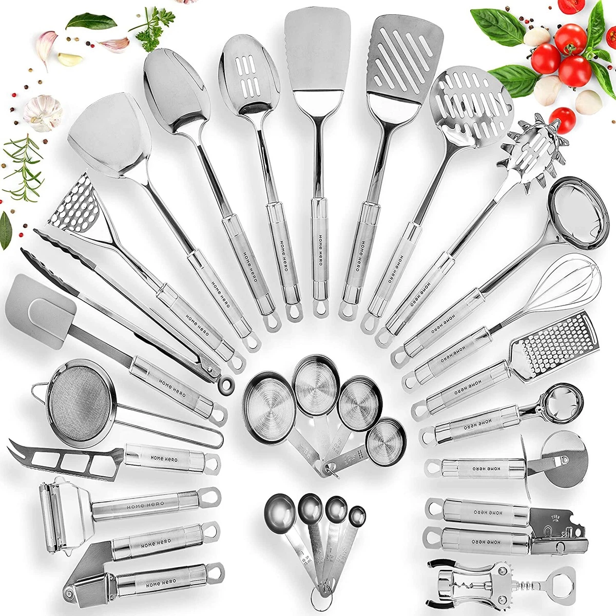 HOME HERO Stainless Steel Kitchen Utensil Set 29 Cooking Utensils Nonstic