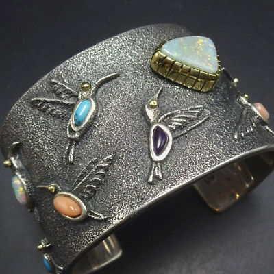 Philander Shanibah Isiah BEGAY Tufa Cast HUMMINGBIRD Cuff BRACELET with 18K GOLD
