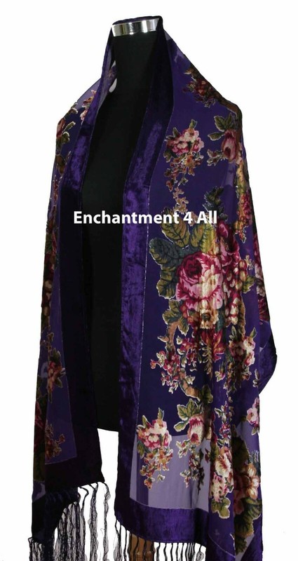 Elegant 100% Silk Burnout Velvet Vintage Floral Oblong Scarf Shawl Wrap,Purple