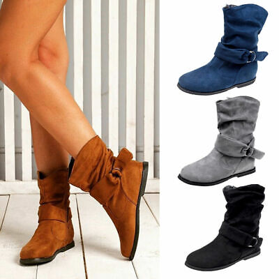 Womens Faux Suede Ankle Slouch Zipper Flat Buckle Slip On Booties Casual Shoes 