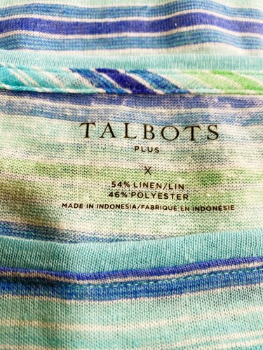 Talbots Plus Womens Top Size X Blue & Green Striped 3/4 Sleeve Linen & Polyester - Picture 5 of 7