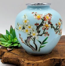 Japanese "Inaba" Cloisonne 5" enameled Celadon Vase Silver Rim Light Teal Blue