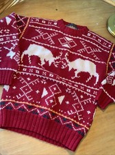 99 Vintage Ralph Lauren Hand Knit Wool Nordic Deer Ski Sweater M Red Intarsia