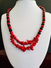 Red Turquoise Necklace, Natural Gemstone Central Double Strand Red Gemstone Chip