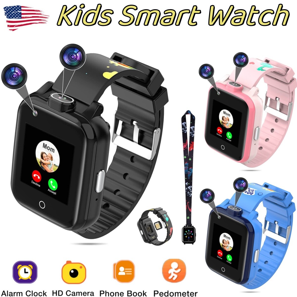 4G GPS Watches for Kids Smart Watch Mini Cell Phone w/Dual Camera Xmas SOS