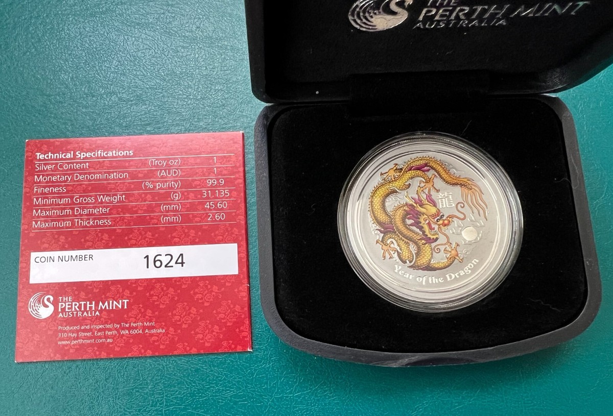 2012 1oz Silver Australia Lunar Year Of The Dragon Yellow Purple