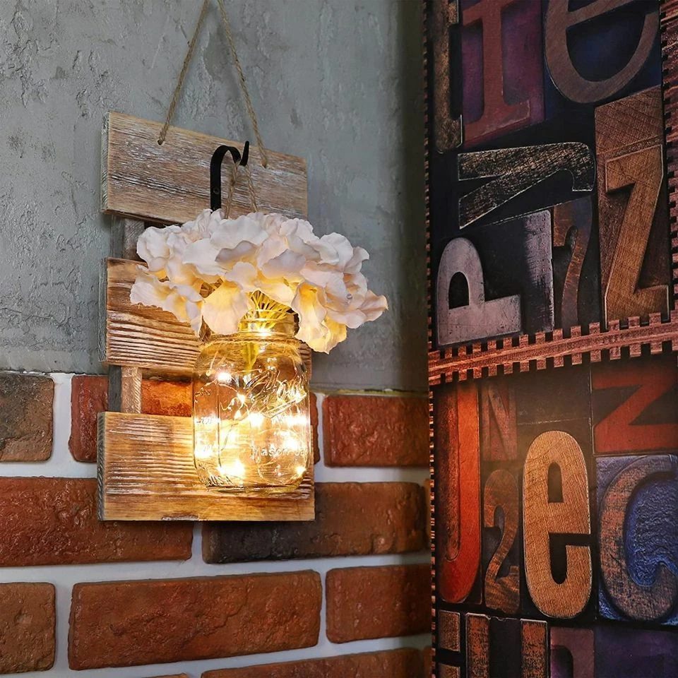 Set of 2 - Rustic Wall Sconces - with Flowers, Mason Jars, LED Lights for Home - Image 2 of 4