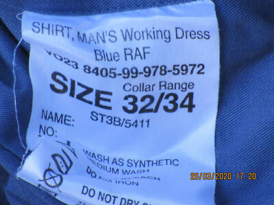 Shirt Mans Working Dress, Royal Air Force, RAF, Cotton, Blue Shirt, Size 32/34 Shirt Mans Working Dress, Royal Air Force, RAF, Cotton, Blue Shirt, Size 32/34