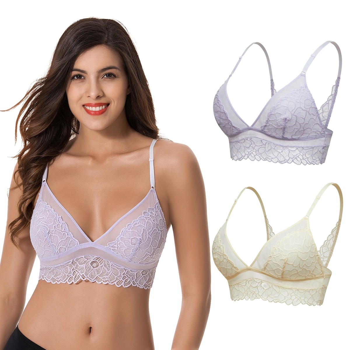 Plus Size Plunge Unlined Bralette with Floral Lace-2pack