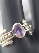 Vintage Solid Sterling Silver Amethyst Marcasite Ring Size 5.75 - 5 Grams Signed