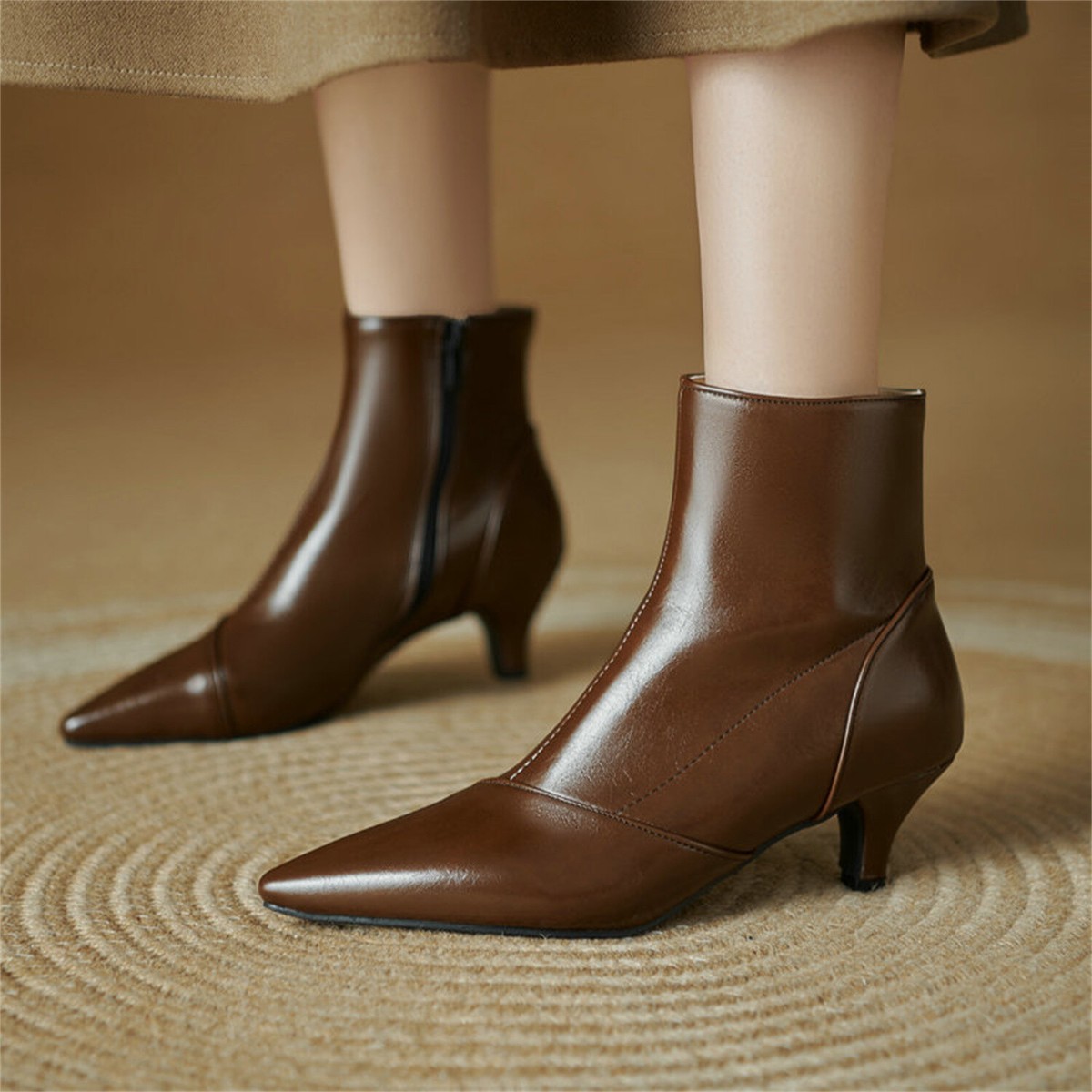 Women's Pointed Toe Kitten Heel Ankle Boots Side Zipper Shoes for