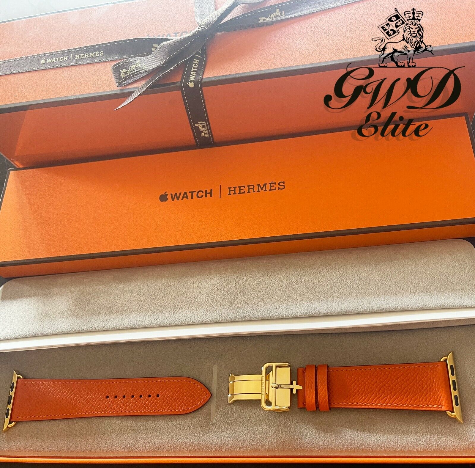 Hermes Apple Watch SERIES 7 with Orange Feu Deployment 24k Gold Plated 45mm  band