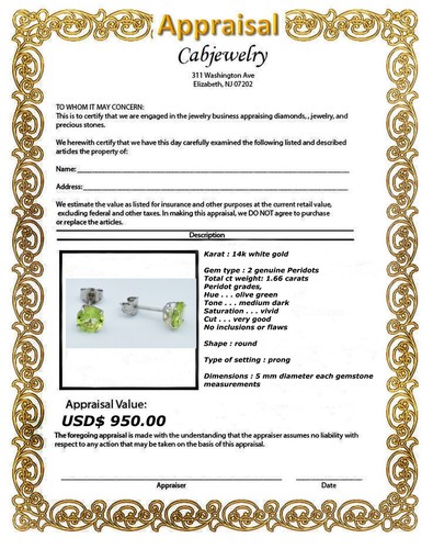 GENUINE 1.66 Cts PERIDOT STUD EARRINGS 14K WHITE GOLD - Free Appraisal - Picture 6 of 6