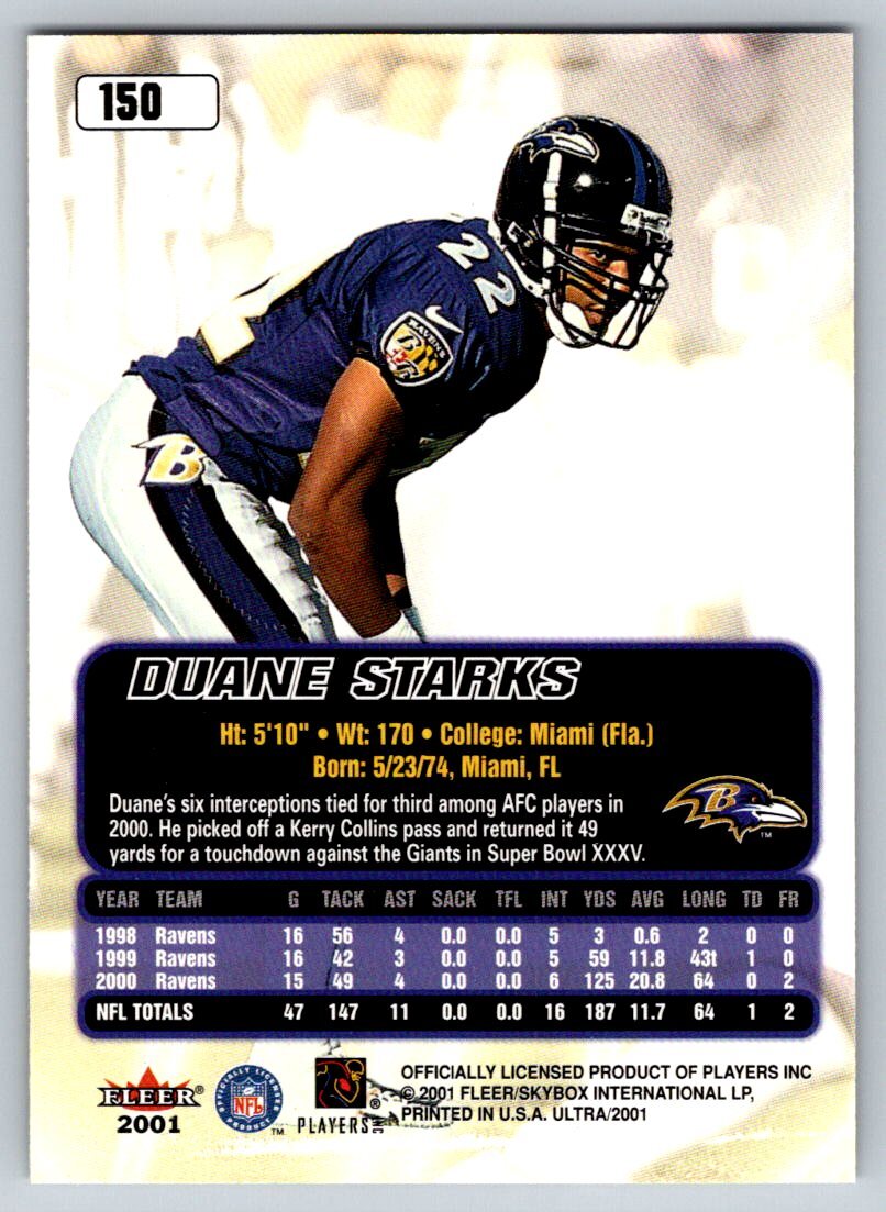 【激レア　未開封】NFL　マクファーレン　2pack　★ディオンvsライス★ 2001 Ultra #150 Duane Starks Baltimore Ravens | eBay