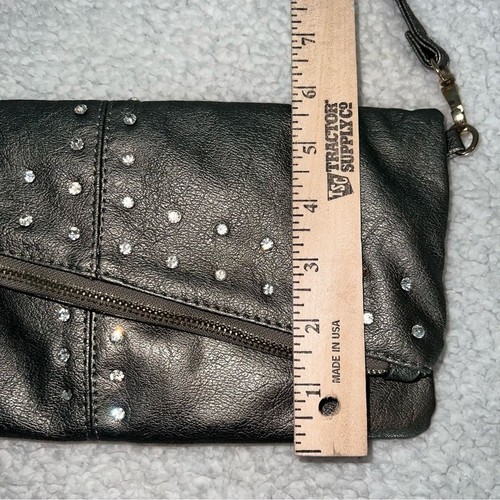 Imoshion Gunmetal Pewter Gray Fold-over Shoulder Bag Clutch Rhinestones Purse - Picture 8 of 12