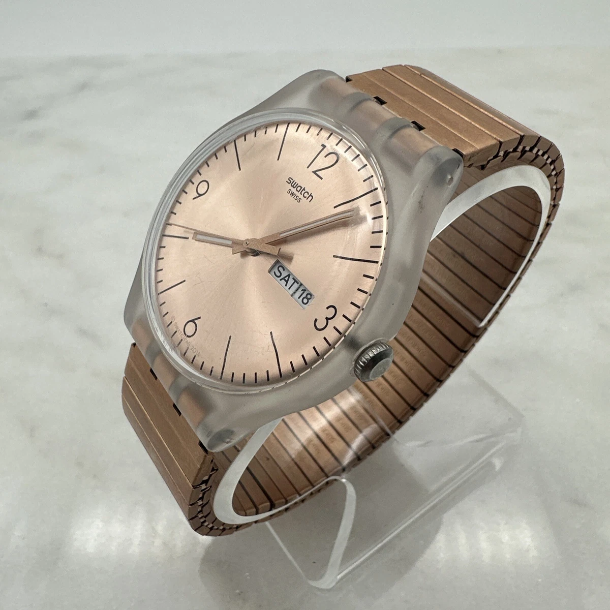 Swatch Original ROSTFREI Rose Gold Extension Day Date Watch 41mm New Battery